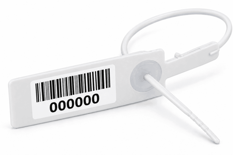 Balta plastikinė plomba su pavyzdiniu serijos numeriu ir brūkšniniu kodu baltame fone