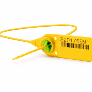 Geltona reguliuojamo ilgio plastikinė plomba Flex 220 baltame fone
